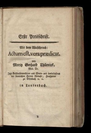 Erste Preisschrift mit dem Wahlspruch: Actum est, vera prædicat
