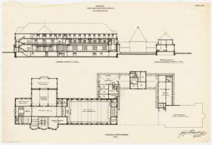 Kasino für ein Industrieunternehmen, Lübeck: Grundriss 1. Geschoss 1:200; Längsschnitt 1:200; Querschnitt 1:200