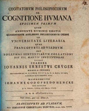 Cogitatorum philosophicorum de cognitione humana specimen primum