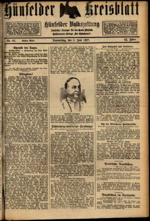 Erste Ausgabe vom Donnerstag, den 02. Juni 1927.
