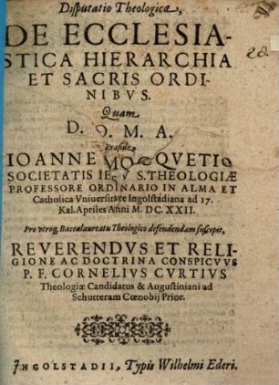 Disputatio theologica de ecclesiastica hierarchia et sacris ordinibus