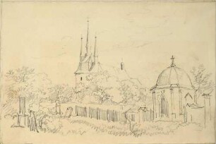 Die Wenzelskirche und angrenzendem Friedhof mit der Gruft Berhardt in Lommatzsch in Sachsen