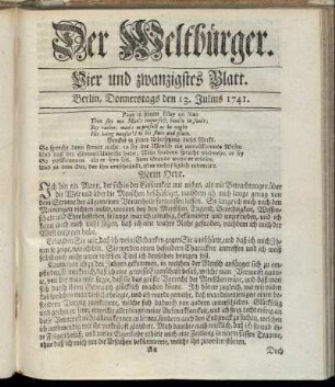 Vier und zwanzigstes Blatt. Berlin, Donnerstags den 13. Julius 1741.