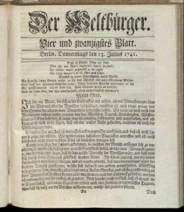 Vier und zwanzigstes Blatt. Berlin, Donnerstags den 13. Julius 1741.