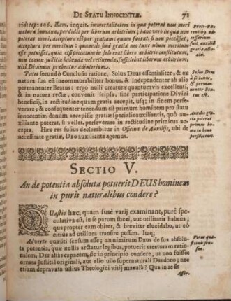 Sectio V. An de potentia absoluta potuerit DEUS hominem in puris naturalibus condere?