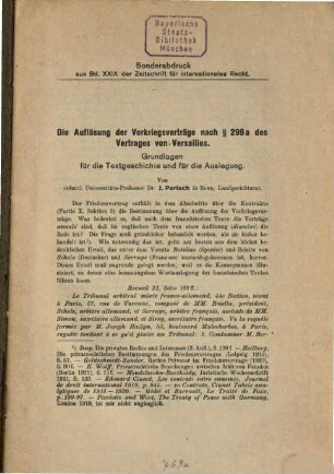 Die Auflösung der Vorkriegsverträge nach Paragraph 299a des Vertrages von Versailles : Grundlagen für die Textgeschichte und für die Auslegung