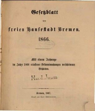 Gesetzblatt der Freien Hansestadt Bremen, 1866. - 1867