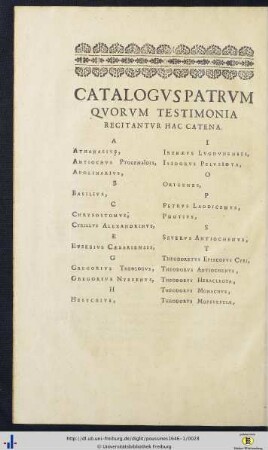 Catalogus Patrum Quorum Testimonia Recitantur Hac Catena.