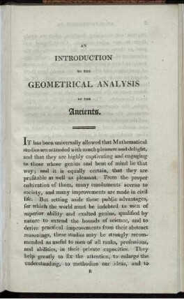 Introduction to the Geometrical Analysis of the Ancients.