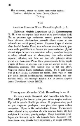 IX. Hieronymus Aleander Mich. Humelbergio suo S.