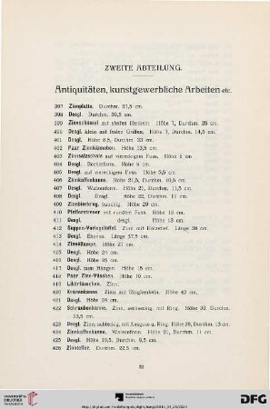 II. Abteilung. Antiquitäten, kunstgewerbliche Arbeiten etc. (Nr. 397-696)