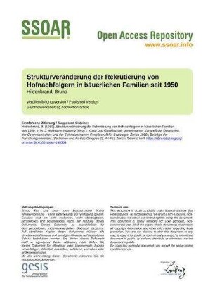 Strukturveränderung der Rekrutierung von Hofnachfolgern in bäuerlichen Familien seit 1950