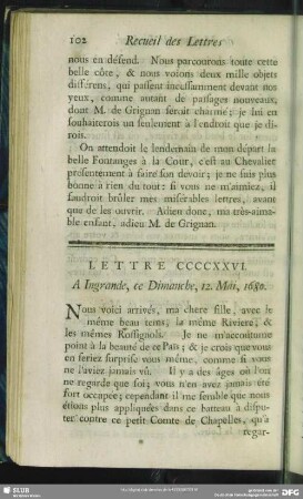 Lettre CCCCXXVI. A Ingrande, ce Dimanche, 12. Mai, 1680
