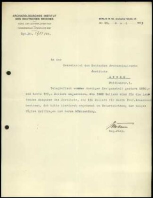 Schreiben; Büro der ZD an DAI Athen (Geldsendung)