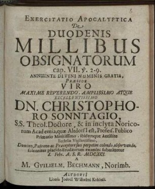 Exercitatio Apocalyptica De Duodenis Millibus Obsignatorum cap. VII. v. 2 - 9.