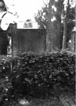 Grabstein 52 (Index: 100102145) Material: Kalkstein Zustand: verwittert mit Textverlust Maße HxBxT: 112x59x15 cm Beschreibung: rechteckige Stele, Sockel: Grabstein 52