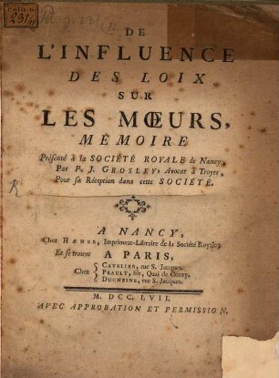 De l'influence des loix sur les moeurs