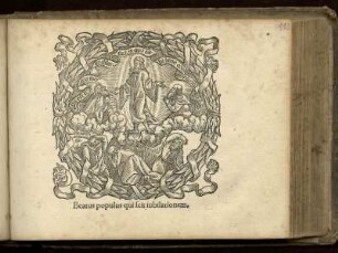Holzschnitt 10,4x10,3 : mit Spruchband und Darstellung der Himmelfahrt Jesu Christi, darunter Motto: Beatus populus quid [quid = gestrichen] scit iubilationem