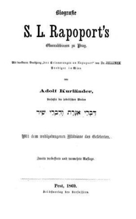 Biografie S. L. Rapoport's Oberrabbiners zu Prag / von Adolf Kurländer