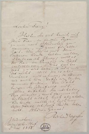 Richard Wagner (1813-1883) Autographen: Brief von Richard Wagner an Franz Mrazek - BSB Autogr.Cim. Wagner, Richard.19
