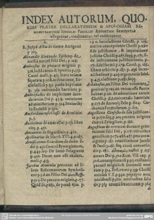Index Autorum, Quorum Praeter Declarationem & Apologiam Remonstrantum Singulis Pageles Adductam Sententiae allegantur, vindicantur, vel consutantur