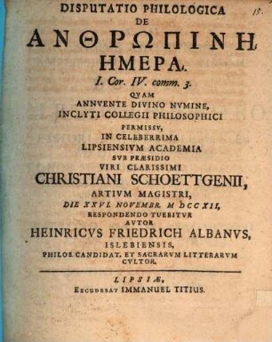 Disputatio Philologica De Anthrōpinē Hēmera : I. Cor. IV. comm. 3.