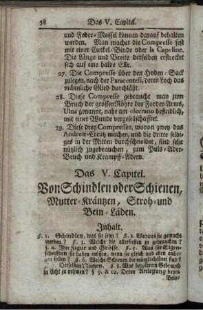 Das V. Capitel. Von Schindlen oder Schienen, Mutter-Kräntzen, Stroh -und Bein-Läden.