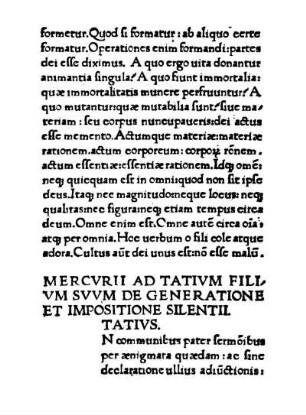 Mercvrii Ad Tativm Filivm Svvm De Generatione Et Impositione Silentii. Tativs.