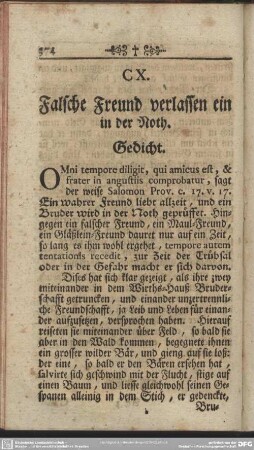 CX. Falsche Freund verlassen ein in der Noth. Gedicht