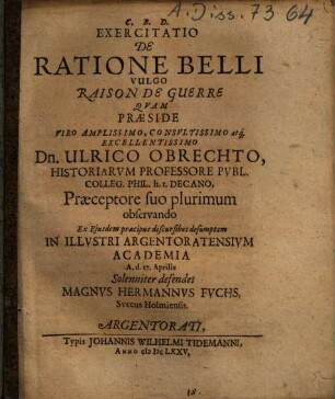 Exercitatio De Ratione Belli Vulgo Raison De Guerre