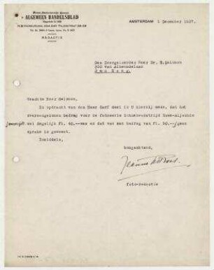 Brief vom Algemeen Handelsblad, Amsterdam an Erich Salomon