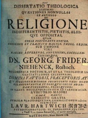 Diss. theol. exhibens quaestiones nonnullas ex articulo de religione ...