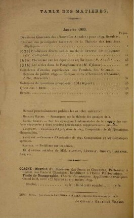Table des matières. Janvier 1900.