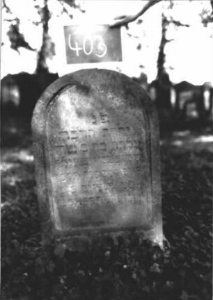 Grabstein 403 (Index: 100111815) Material: Sandstein Zustand: stark verwittert, Abschluß beschädigt Maße HxBxT: 82x48x11 cm Beschreibung: Stele, Rundbogenabschluß, Schriftfeld eingetieft Besonderheit: Kindergrab: Grabstein 403