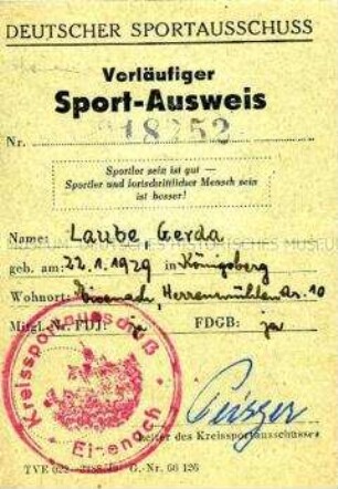 Mitgliedskarte des Deutschen Sportausschusses