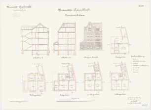 Universität Greifswald Frauenklinik - Beamtenwohnhaus: Grundriss Keller, Erdgeschoss, 1. und 2. Obergeschoss, Dachgeschoss, Aufriss Straßenansicht, Längsschnitt, Querschnitt 1:100