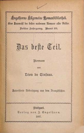 Das beste Teil : Roman. Autorisierte Übersetzung aus dem Französischen