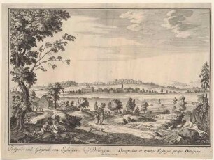 Ortsansicht von Eglingen (Dischingen-Eglingen in Baden-Württemberg) nördlich von Dillingen an der Donau von einem Weg mit Staffage im Vordergrund