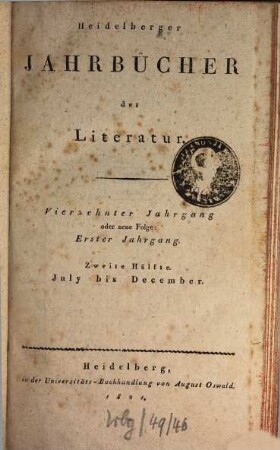 Heidelberger Jahrbücher der Literatur. 14,2 = H. 7/12 = N.F. 1. 1821