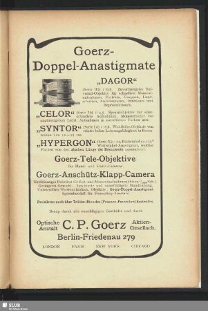 Goerz-Doppel-Anastigmate. C.P. Goerz, optische Anstalt, Aktien-Gesellsch. Berlin