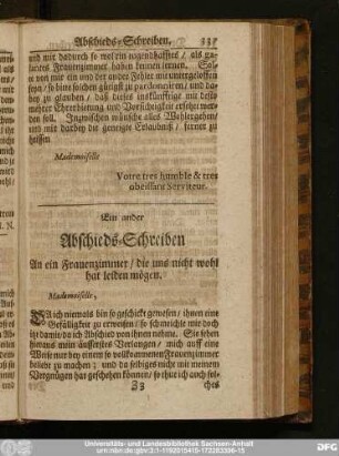 Ein ander Abschieds-Schreiben An ein Frauenzimmer, die uns nicht wohl hat leiden mögen.