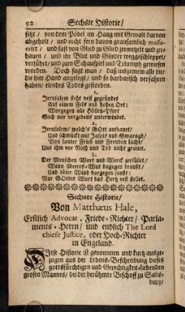 92-119, Sechste Historie / Von Mathaeus Hale, Erstlich Advocat, Friede-Richter / Parlaments-Herrn / ...