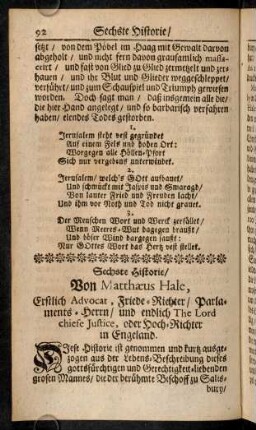 92-119, Sechste Historie / Von Mathaeus Hale, Erstlich Advocat, Friede-Richter / Parlaments-Herrn / ...