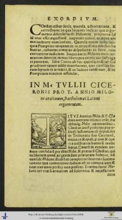 In Marci Tullii Ciceronis Pro Tito Annio Milone orationem Bartholomæi Latomi argumentum
