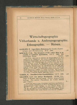 Wirtschaftsgeographie Völkerkunde u. Anthropogeographie. Ethnographie. - Reisen.