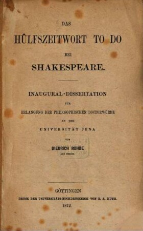Das Hülfszeitwort to do bei Shakespeare : Inaugural-Dissertation