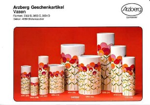 Produktblatt "Arzberg Geschenkartikel / Vasen / Formen: 3052 B, 3053 C, 3054 D" mit Dekor "Blütenzauber"