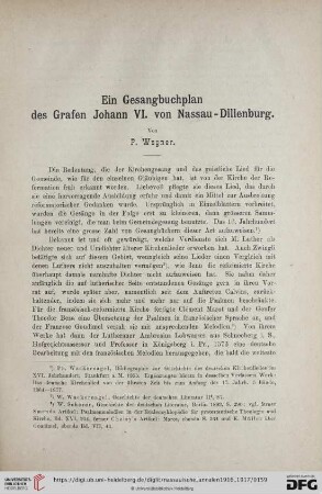 Ein Gesangsbuchplan des Grafen Johann VI. von Nassau-Dillenburg