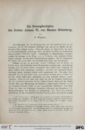 Ein Gesangsbuchplan des Grafen Johann VI. von Nassau-Dillenburg