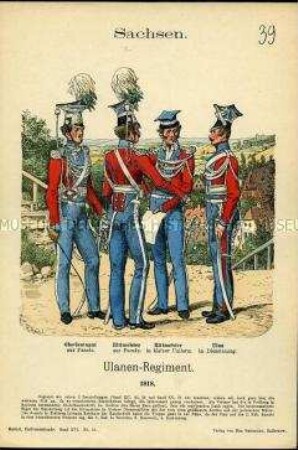 Uniformdarstellung, Oberleutnant, Rittmeister und Gemeiner des Ulanen-Regiments, Königreich Sachsen, 1818.
